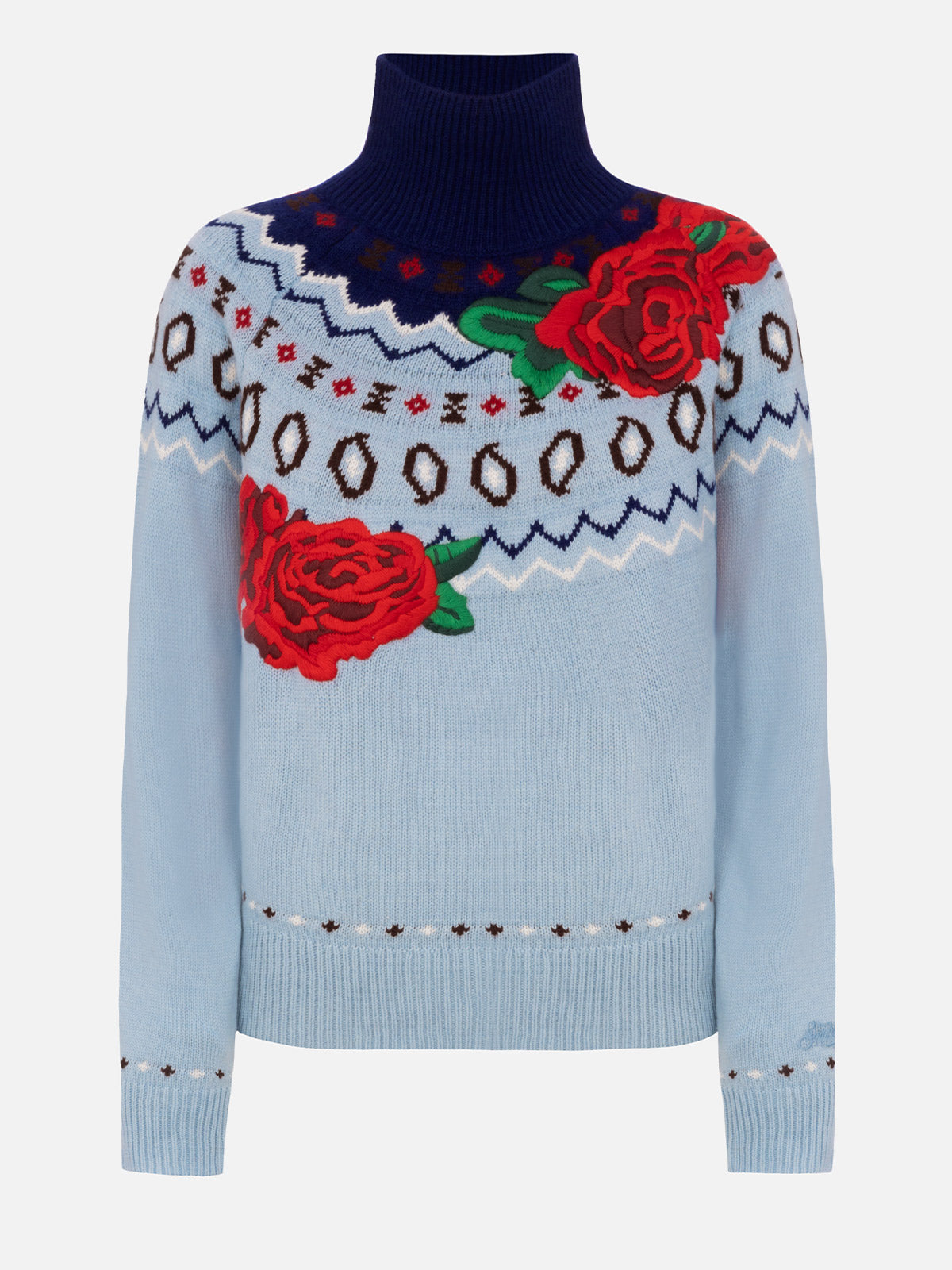 Maglia dolcevita Meghan Nordic azzurra con jacquard fiori broccato