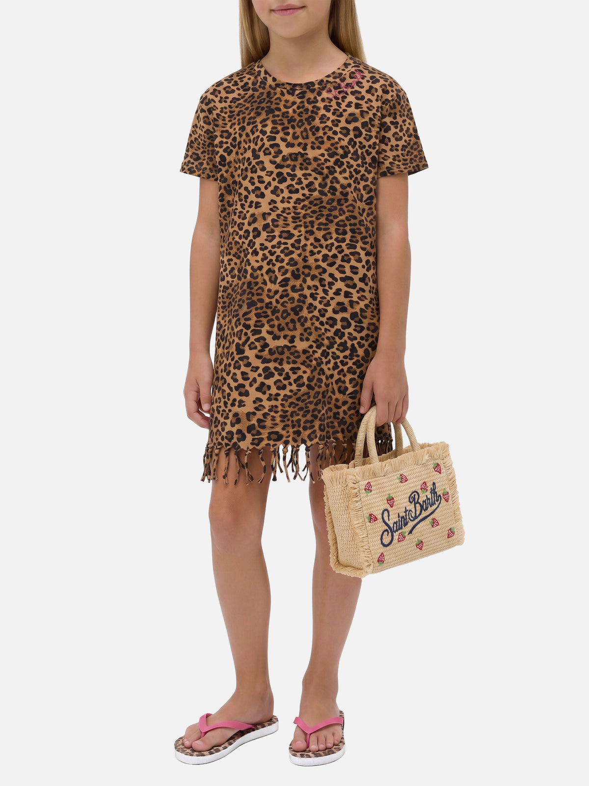 Abito Abbey con stampa leopardo sabbia e orlo con frange