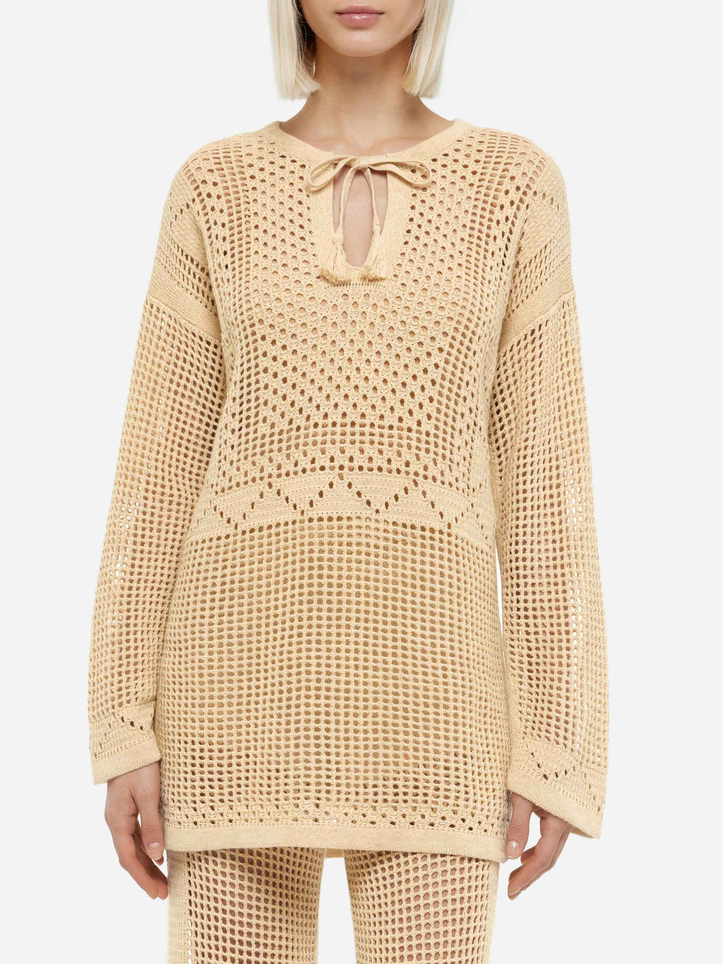 Top Alicia beige in crochet a maniche lunghe