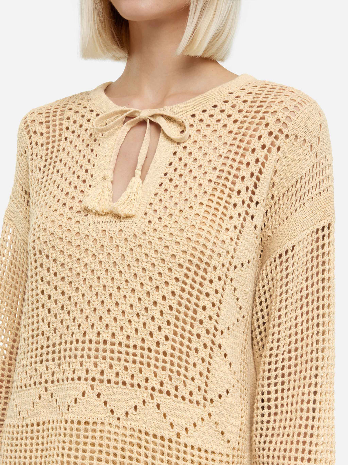Top Alicia beige in crochet a maniche lunghe
