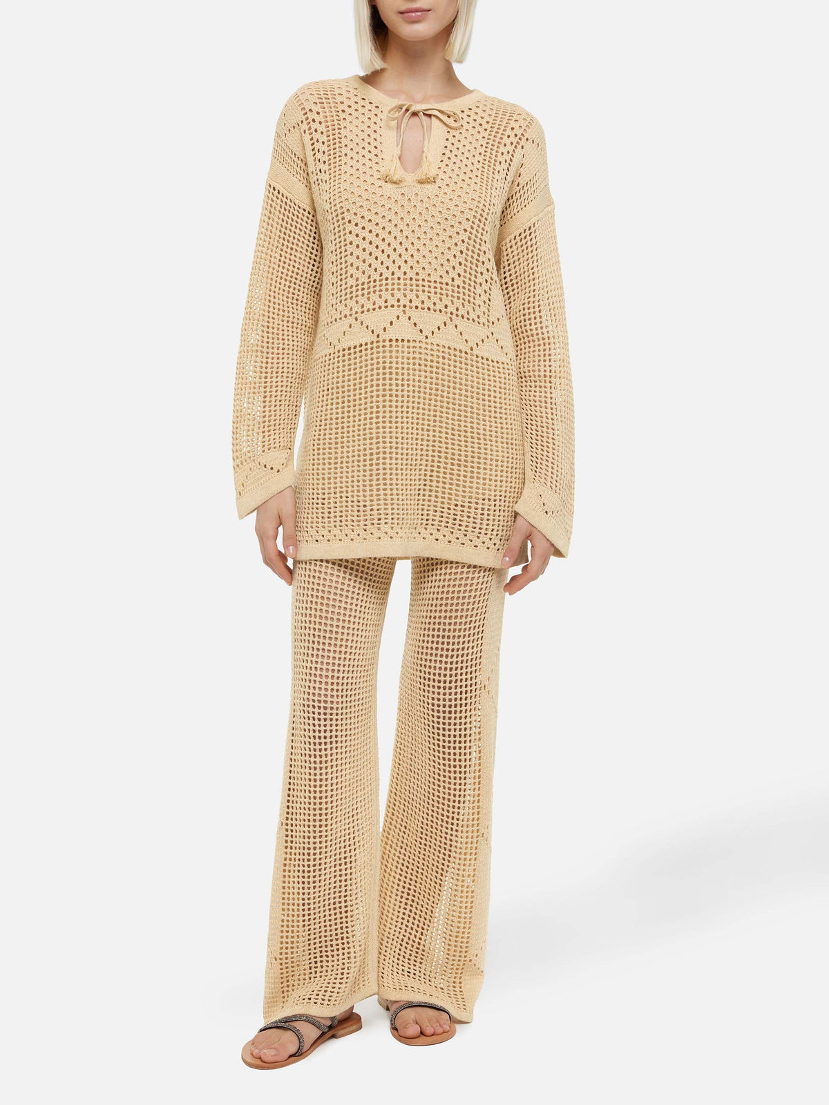 Top Alicia beige in crochet a maniche lunghe