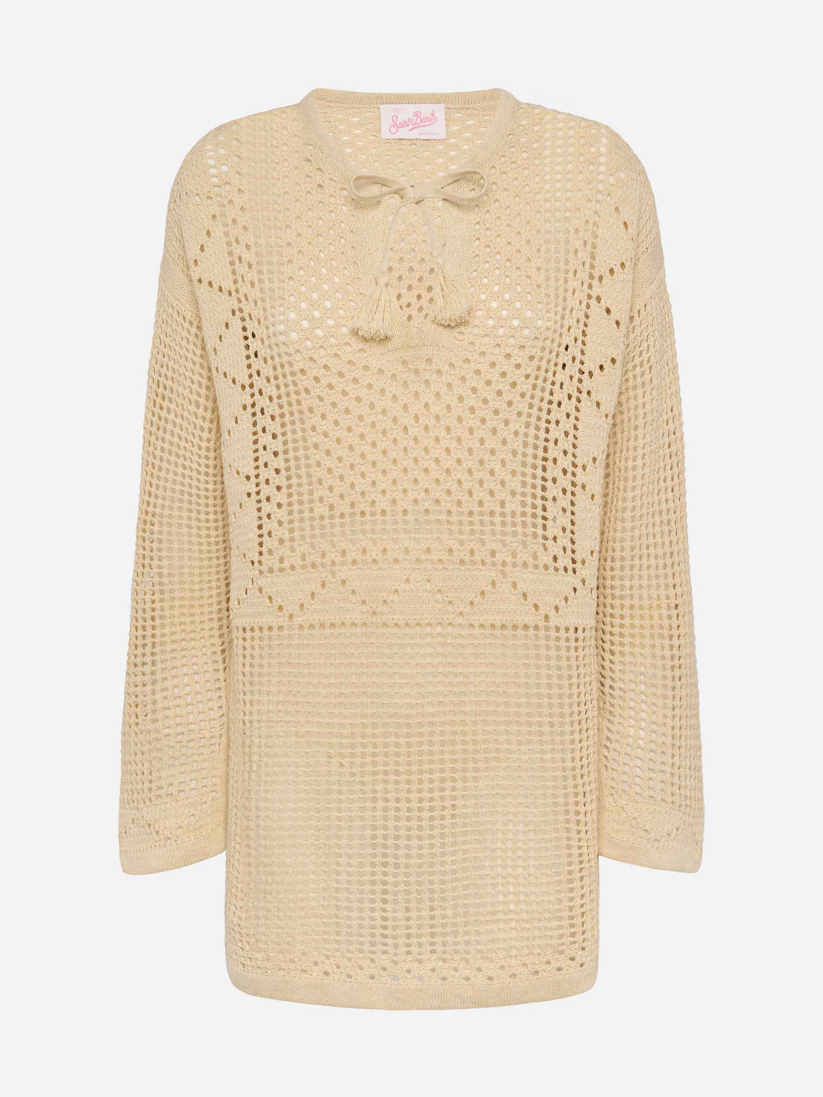Top Alicia beige in crochet a maniche lunghe