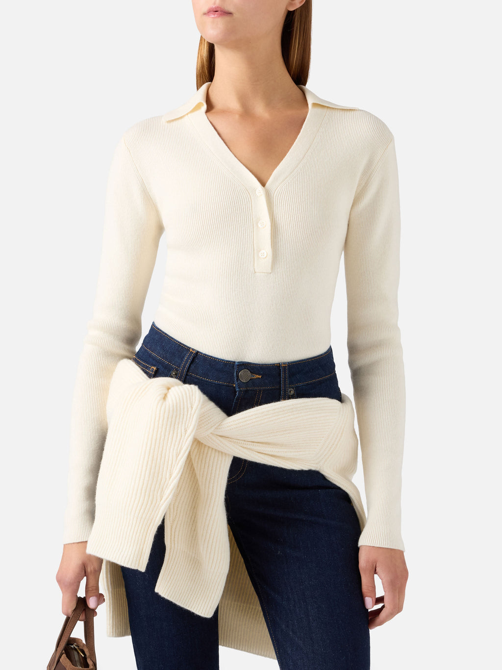 Body in maglia Aelis off white in lana con collo polo