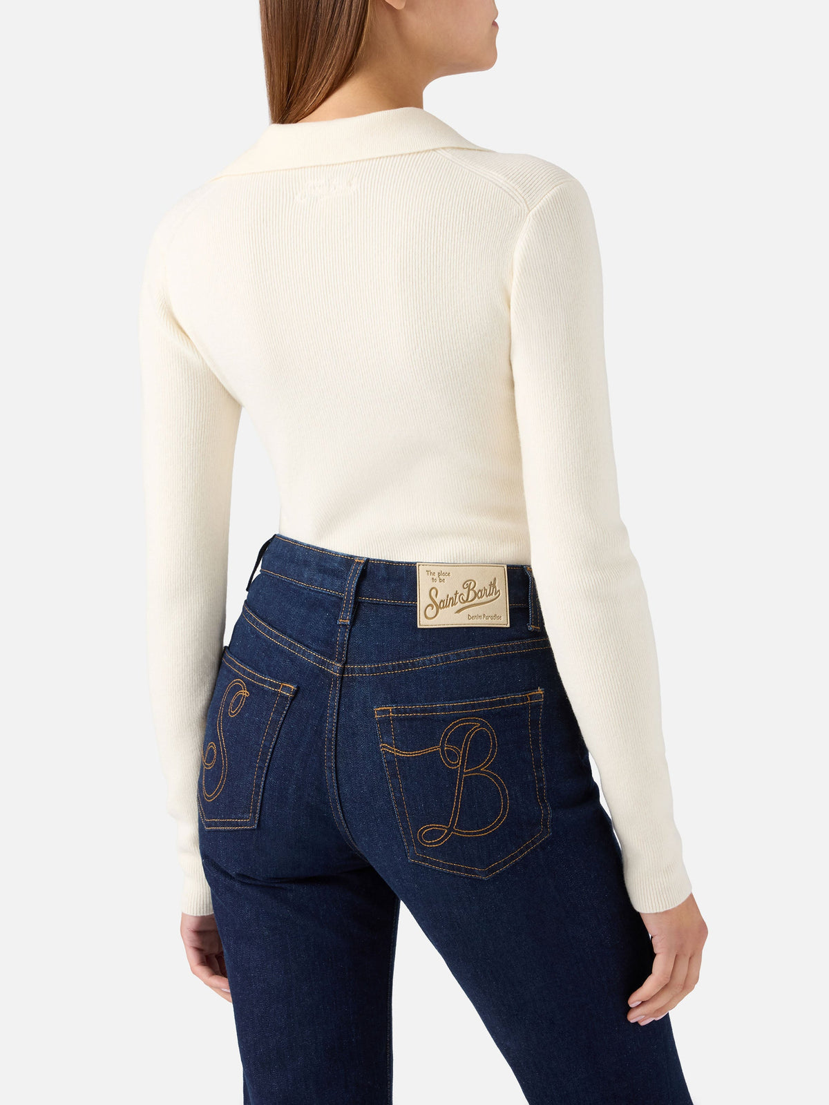Body in maglia Aelis off white in lana con collo polo