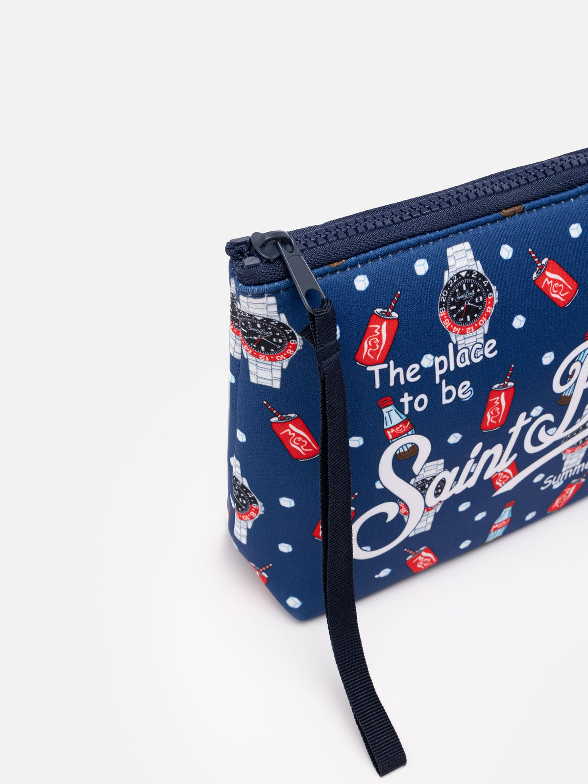 Pochette Aline blu navy con stampa orologi e cola