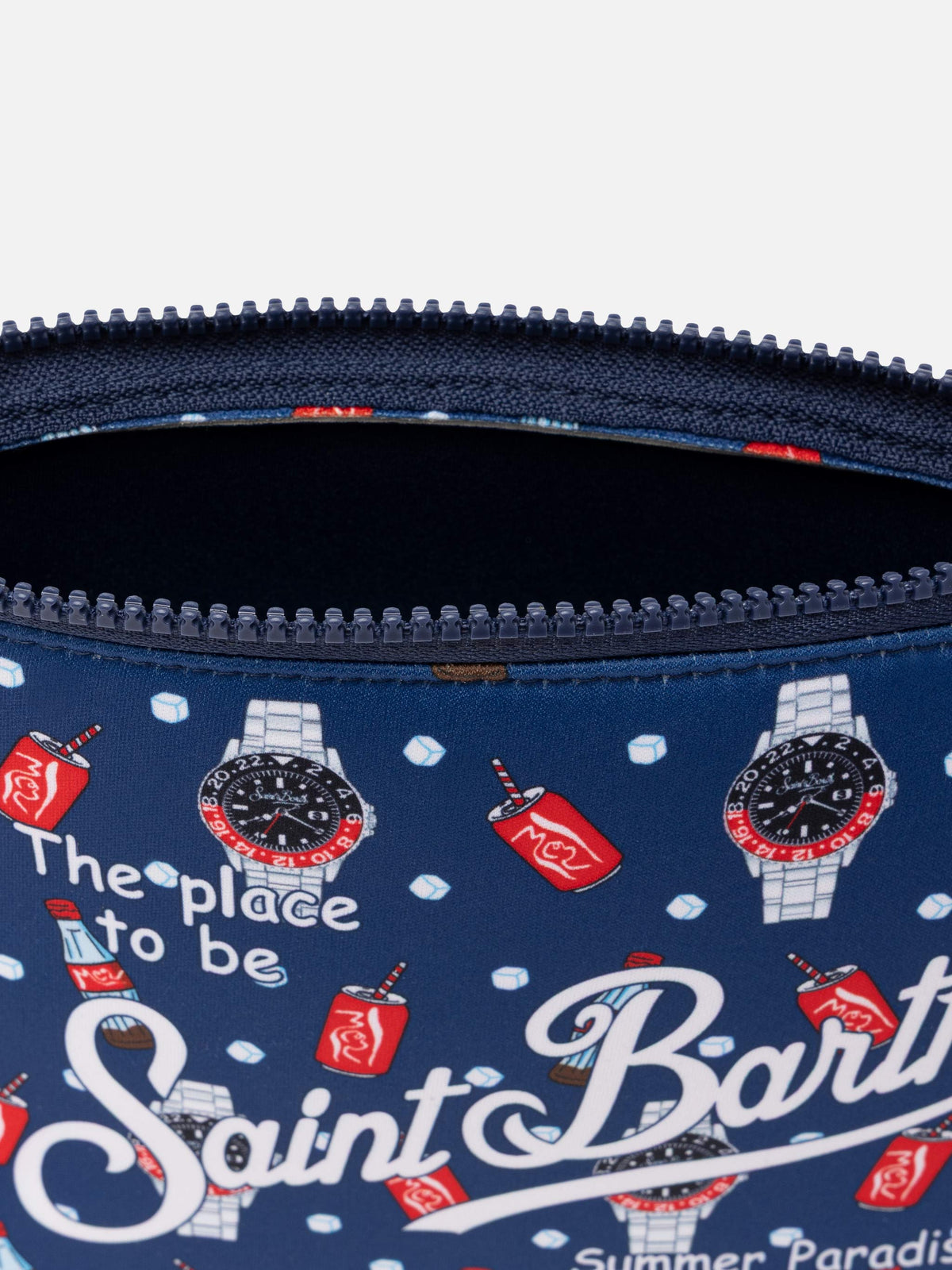 Pochette Aline blu navy con stampa orologi e cola