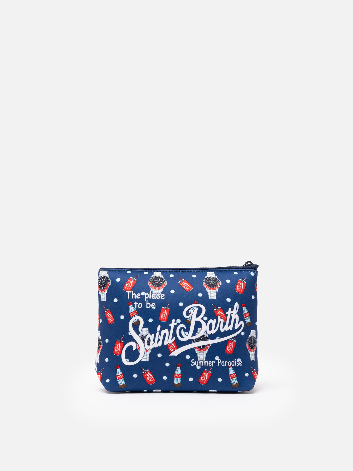 Pochette Aline blu navy con stampa orologi e cola