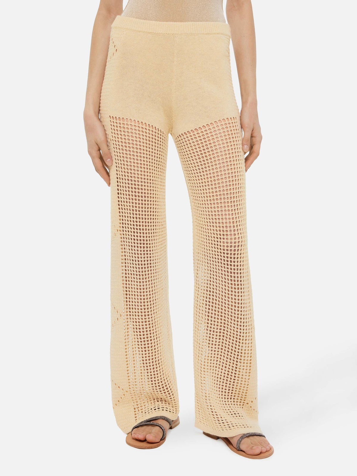 Pantaloni a zampa Alva beige in crochet
