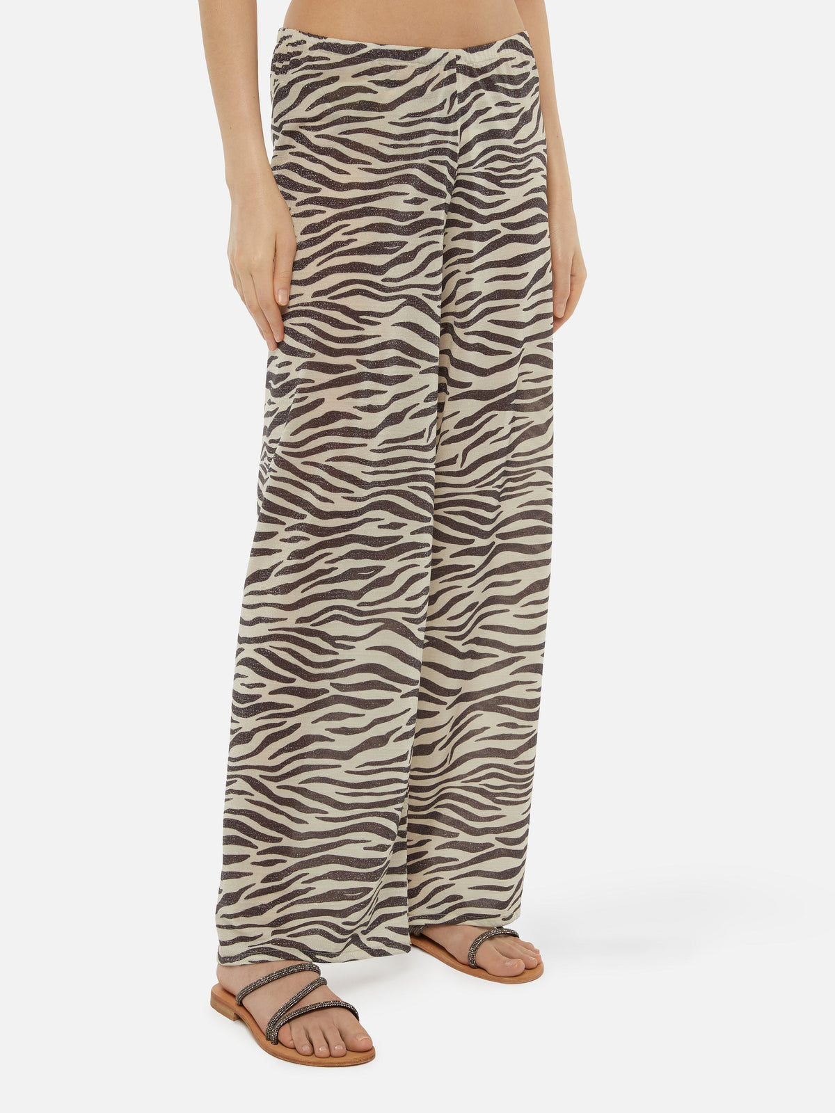 Pantaloni Amalia a gamba ampia in lurex con stampa zebrata