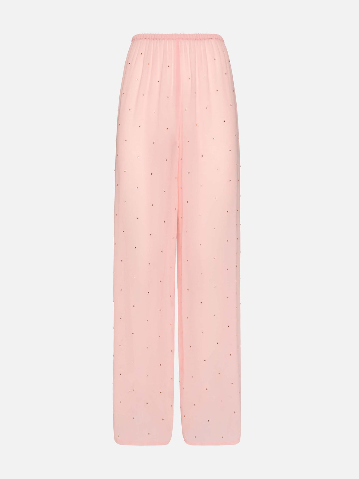 Pantaloni Amalia rosa a gamba ampia in georgette con strass