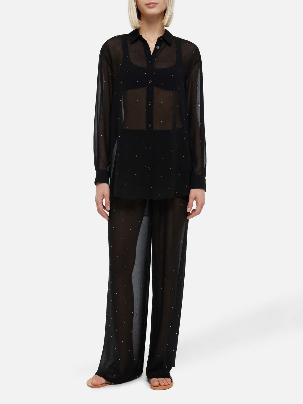Pantaloni Amalia neri a gamba ampia con strass