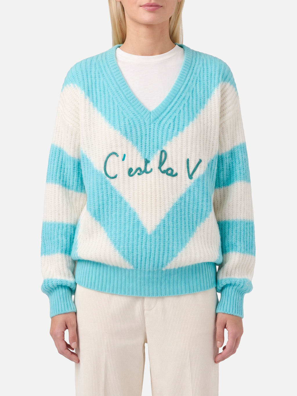 Maglione corto Annecy Soft con scollo a V e righe a costine