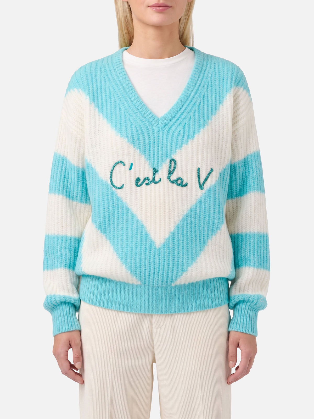 Maglione corto Annecy Soft con scollo a V e righe a costine