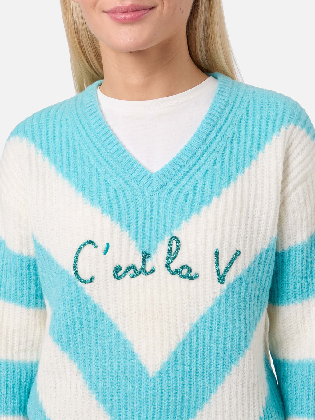 Maglione corto Annecy Soft con scollo a V e righe a costine