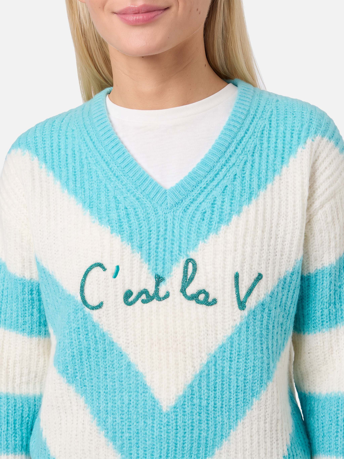 Maglione corto Annecy Soft con scollo a V e righe a costine