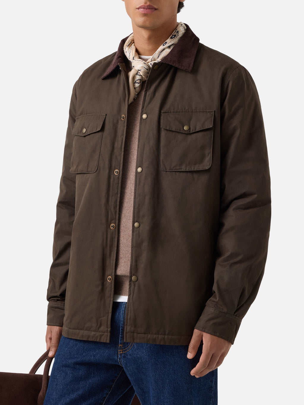 Overshirt Bexley verde militare cerata con collo in velluto a costine