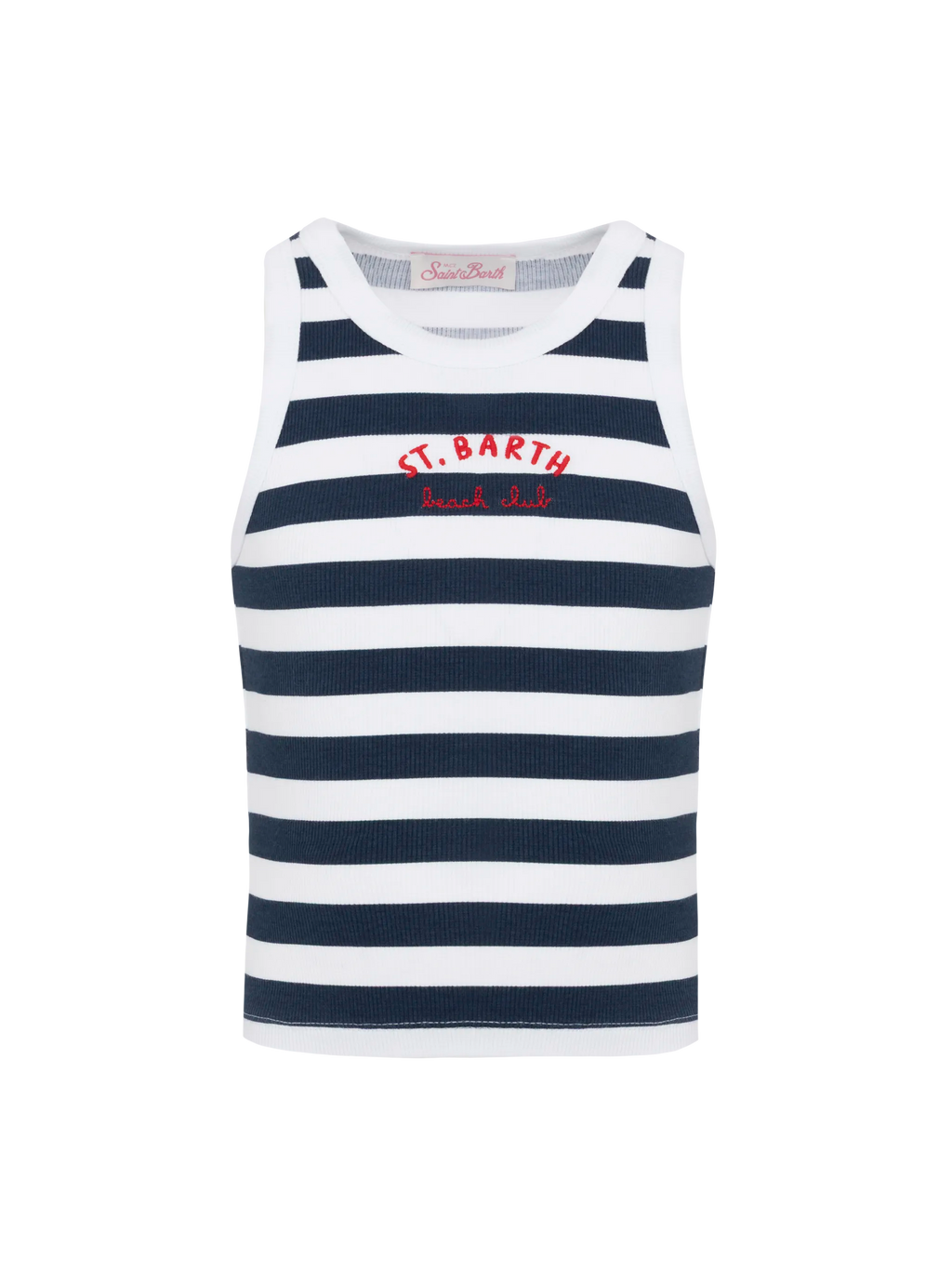 Canotta crop Blue Jr a righe blu navy e bianche con ricamo St. Barth Beach Club
