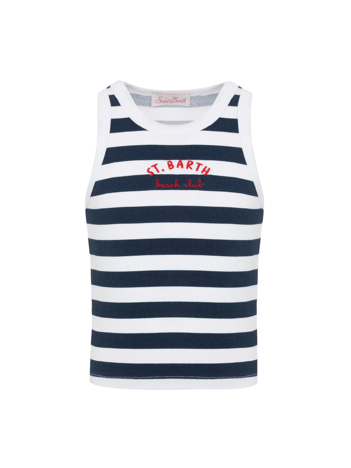 Canotta crop Blue Jr a righe blu navy e bianche con ricamo St. Barth Beach Club