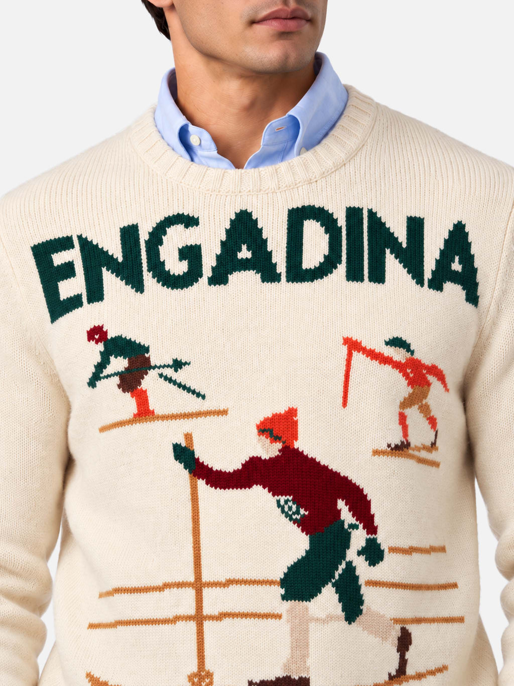 Maglione Bombardino Light bianco panna con jacquard sciatori Engadina