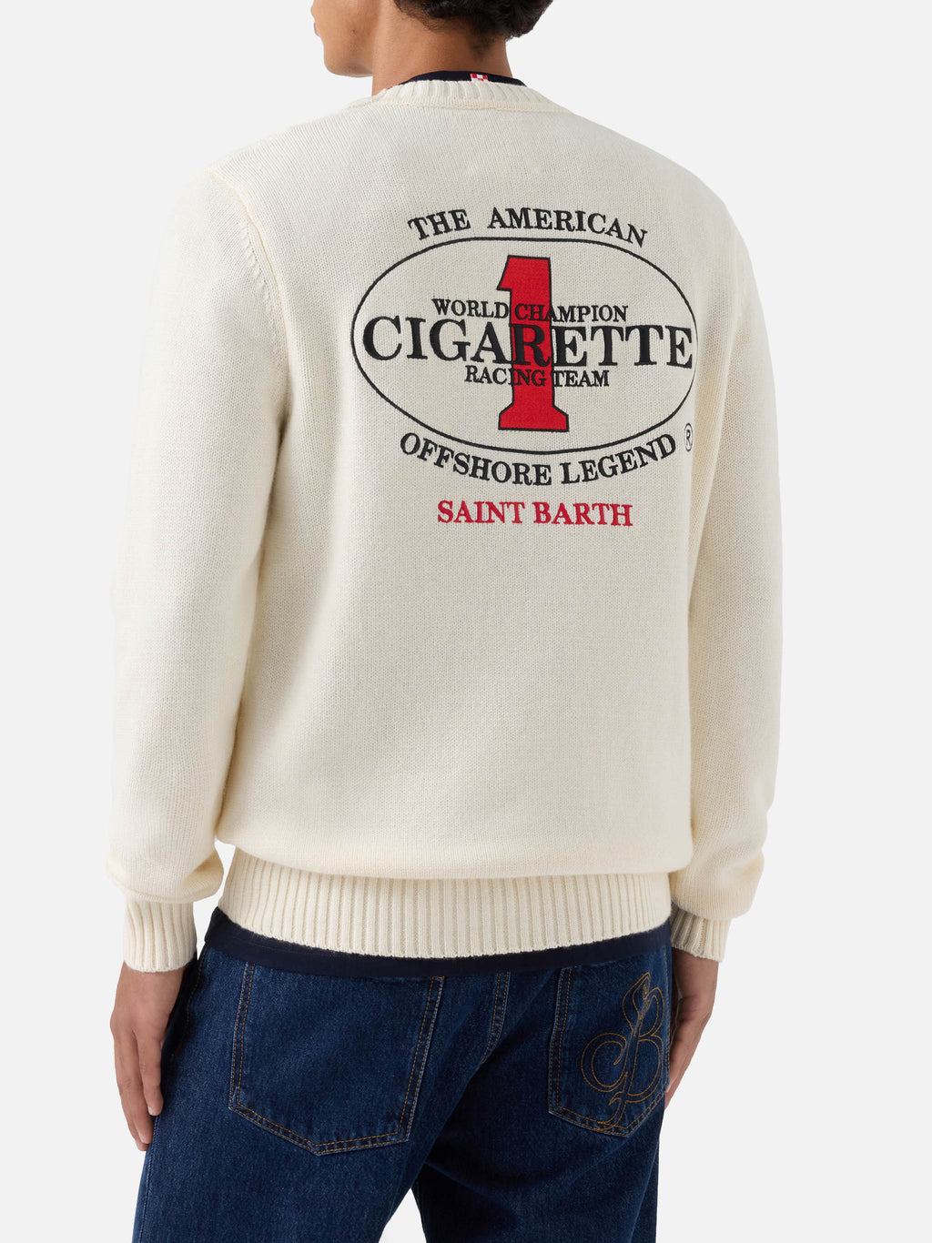 Maglia girocollo Bombardino Light panna con ricamo Cigarette sul retro | Special edition