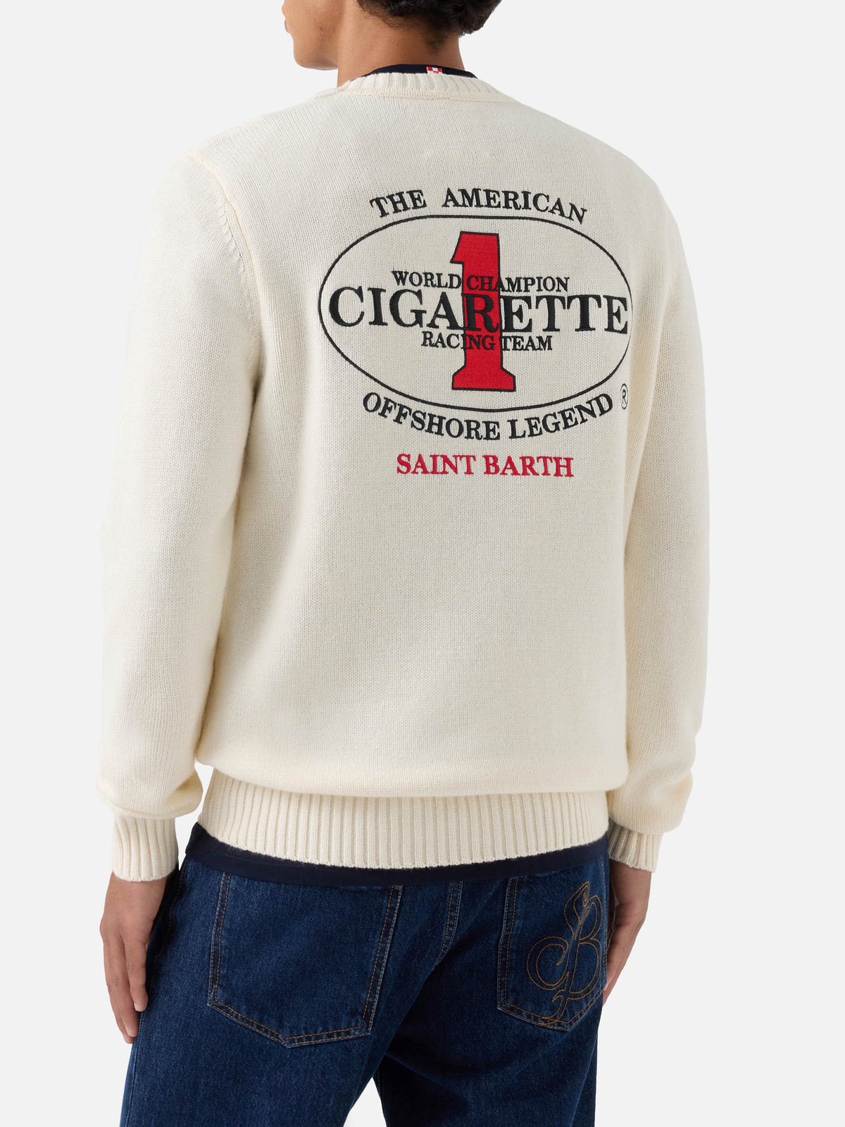 Maglia girocollo Bombardino Light panna con ricamo Cigarette sul retro | Special edition