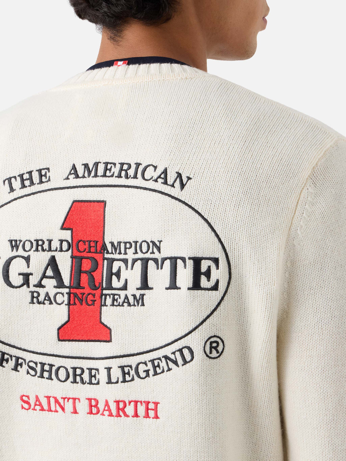 Maglia girocollo Bombardino Light panna con ricamo Cigarette sul retro | Special edition