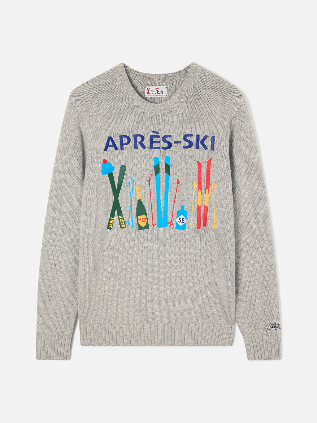 Maglia girocollo Bombardino Light grigia con intarsio e ricamo Après Ski