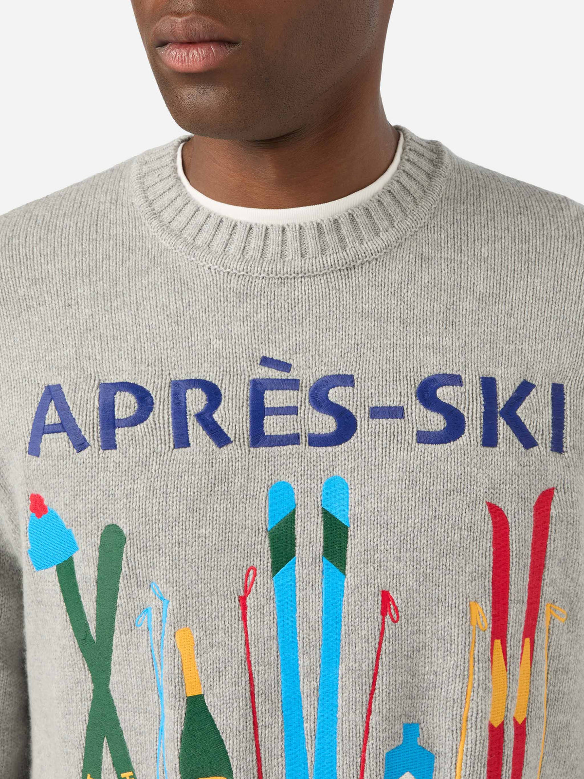 Maglia girocollo Bombardino Light grigia con intarsio e ricamo Après Ski