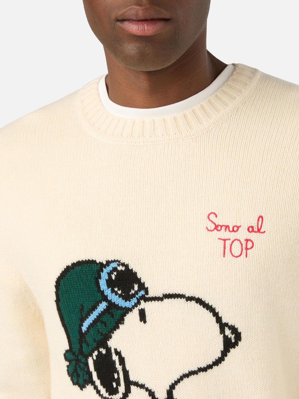Maglia girocollo Bombardino Light panna con intarsio e ricamo Snoopy | Special edition