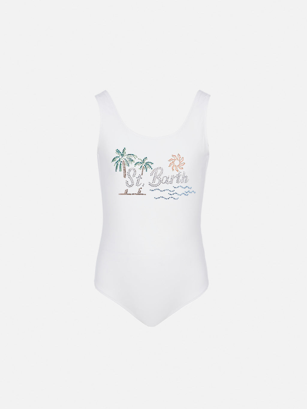 Costume intero Cara bianco con decoro tramonto St. Barth in strass