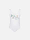 Costume intero Cara bianco con decoro tramonto St. Barth in strass