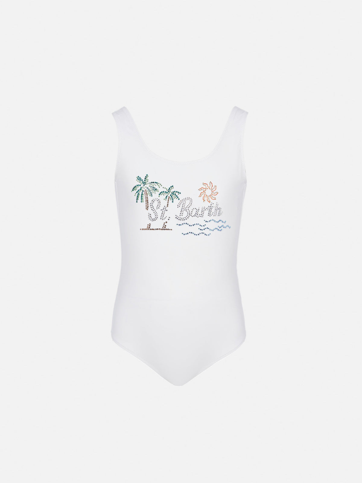 Costume intero Cara bianco con decoro tramonto St. Barth in strass