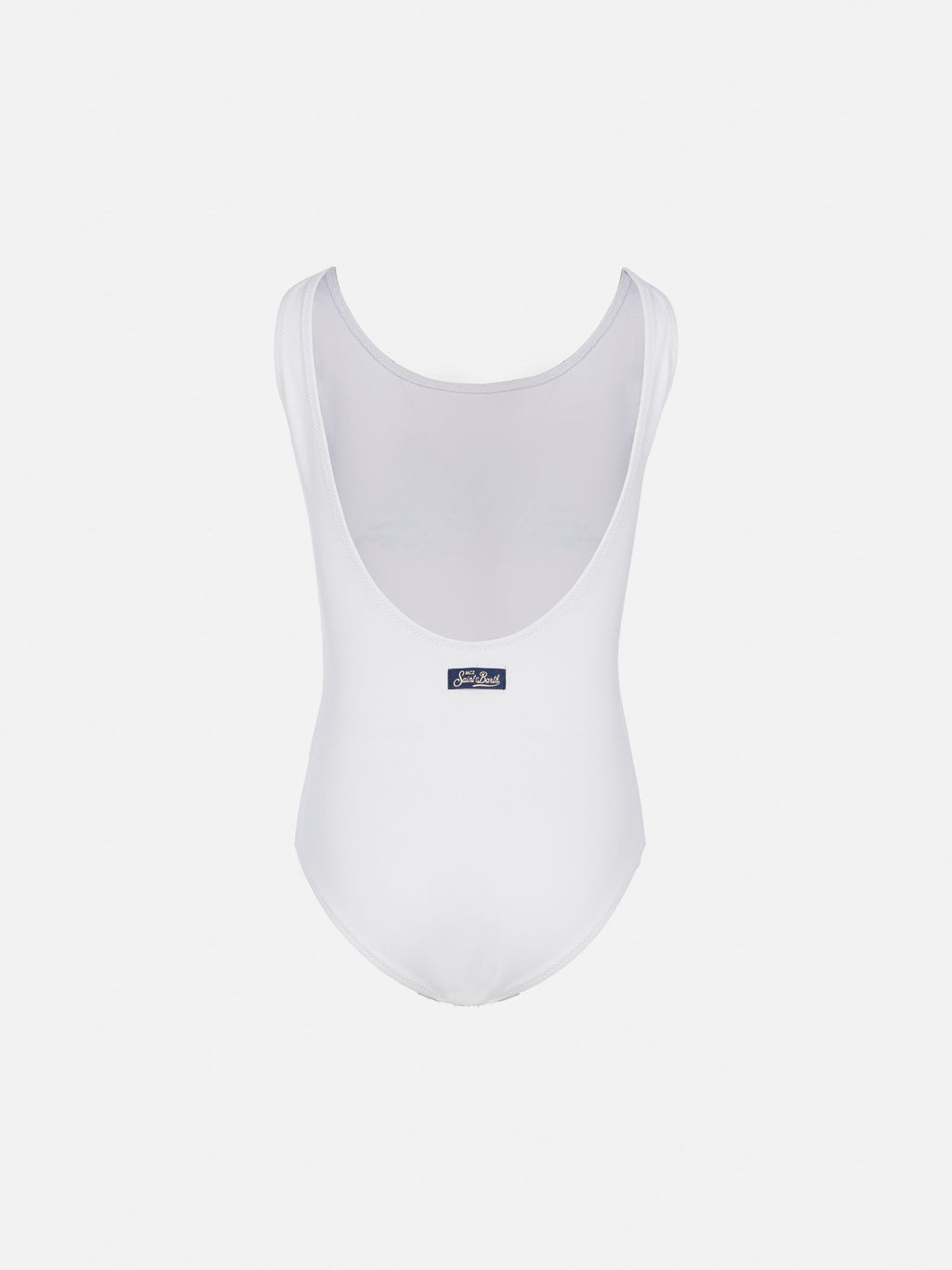 Costume intero Cara bianco con decoro tramonto St. Barth in strass