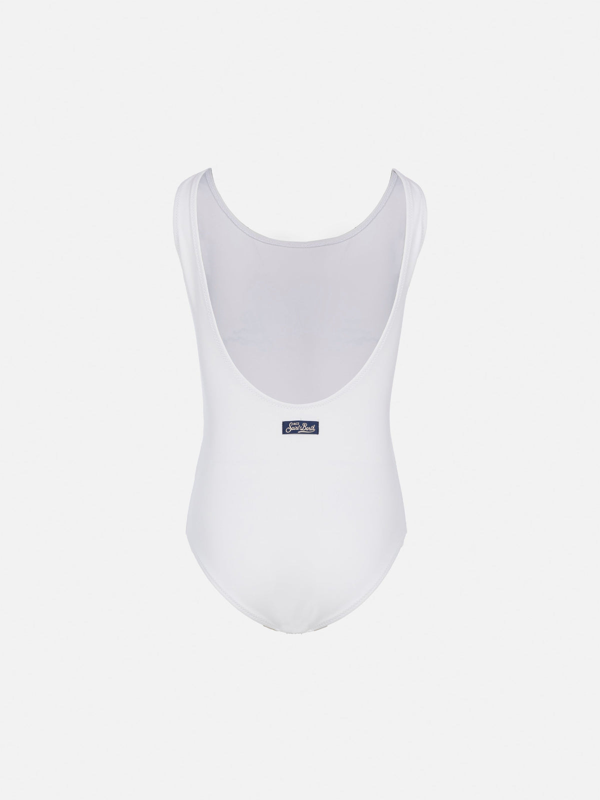 Costume intero Cara bianco con decoro tramonto St. Barth in strass