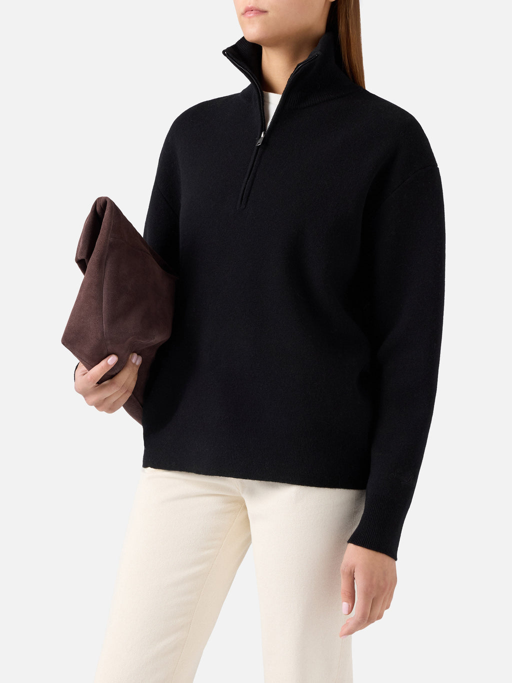 Maglia Capucine nera in lana con mezza zip