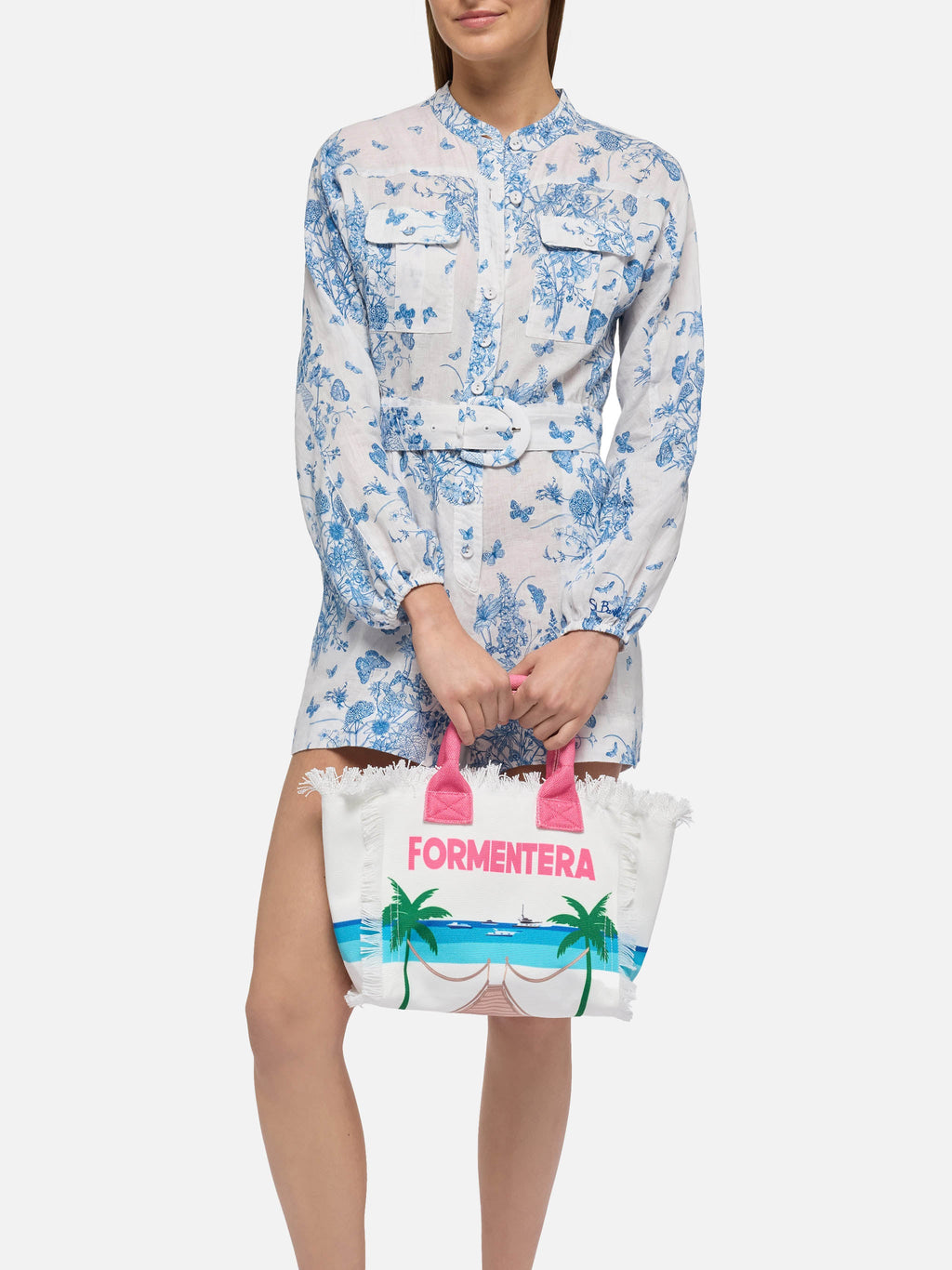 Borsa a mano Colette in canvas con frange e stampa cartolina Formentera