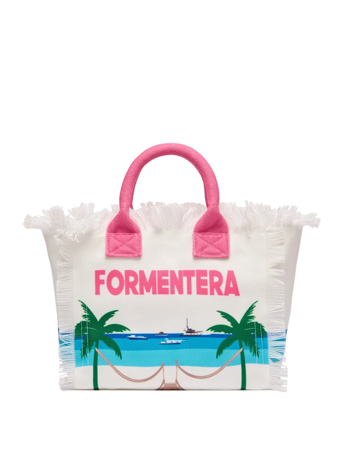 Borsa a mano Colette in canvas con frange e stampa cartolina Formentera