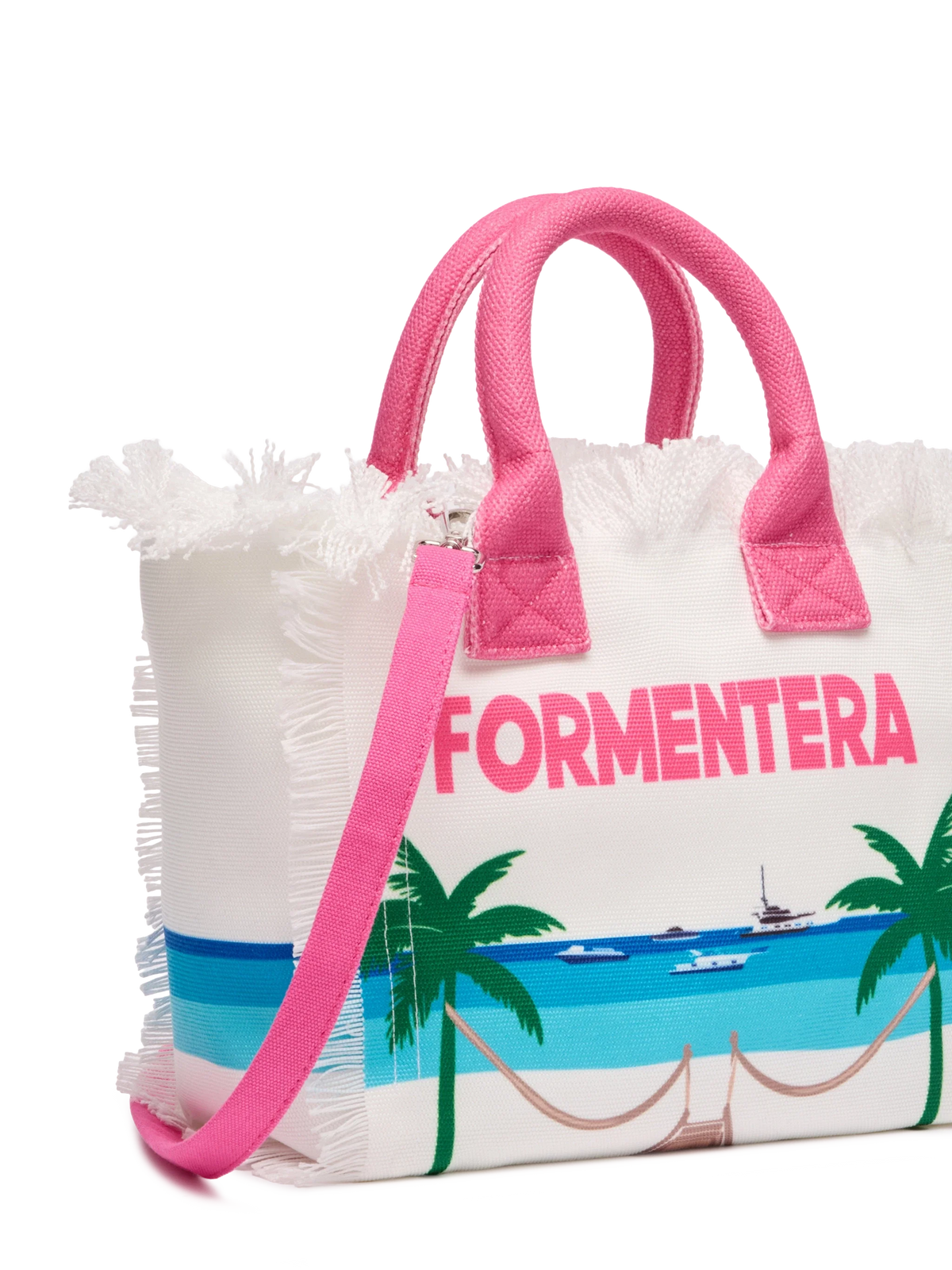 Borsa a mano Colette in canvas con frange e stampa cartolina Formentera