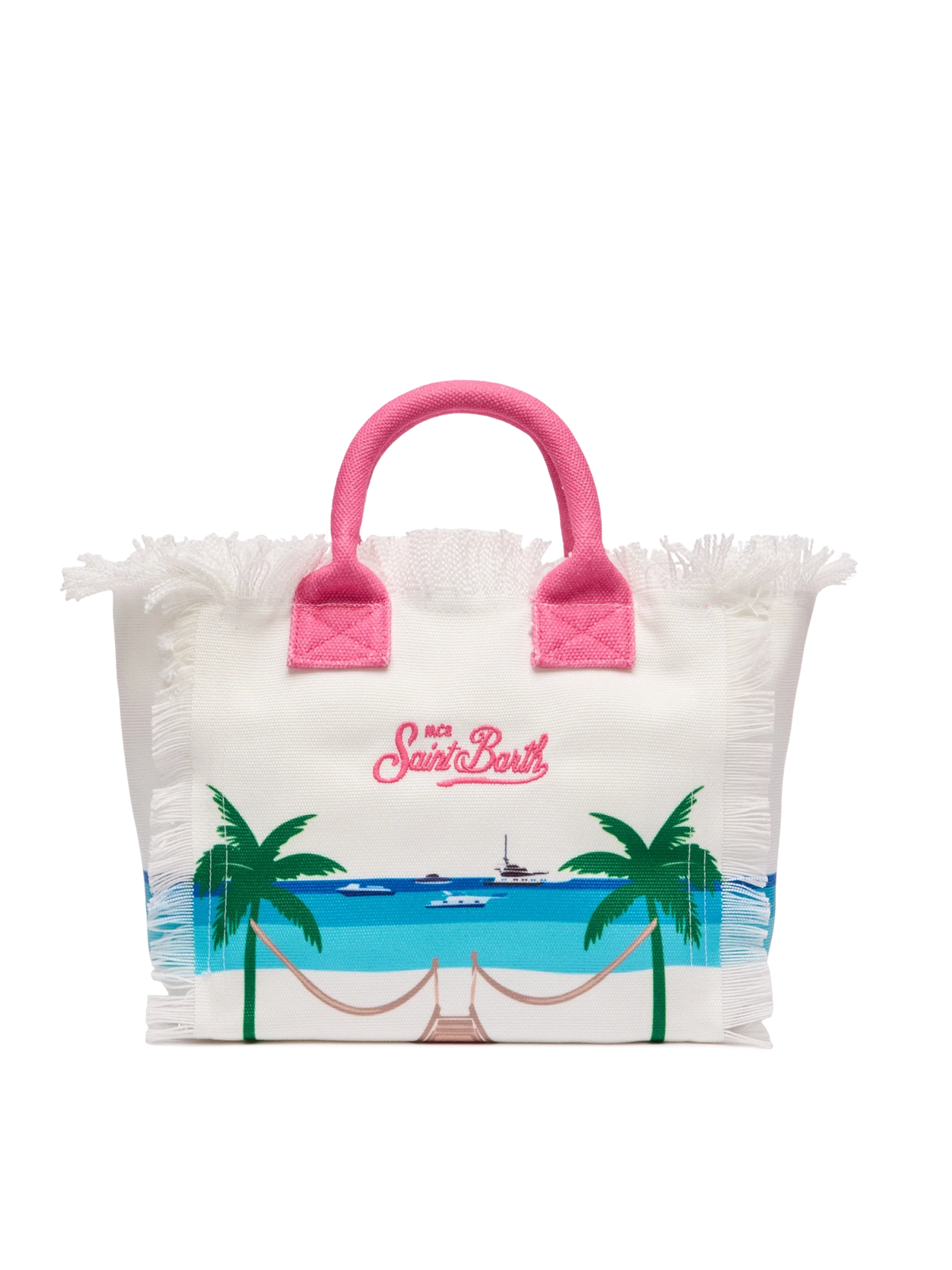 Borsa a mano Colette in canvas con frange e stampa cartolina Formentera