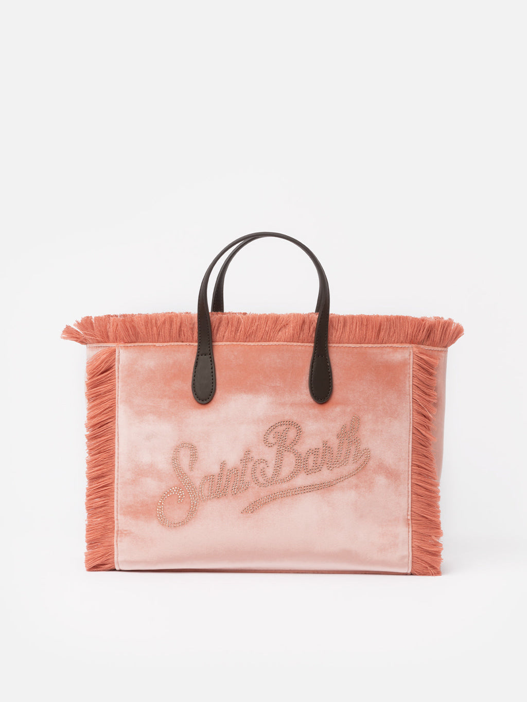 Borsa a mano Colette rosa in velluto con frange e logo in strass