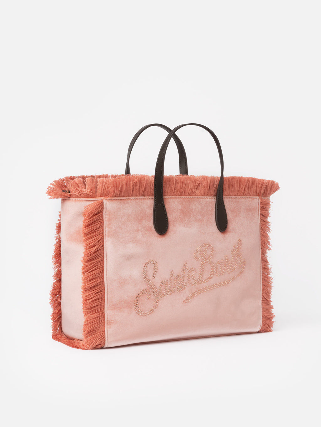 Borsa a mano Colette rosa in velluto con frange e logo in strass