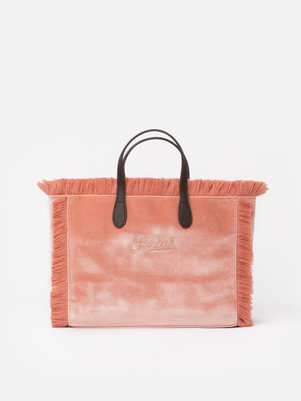 Borsa a mano Colette rosa in velluto con frange e logo in strass