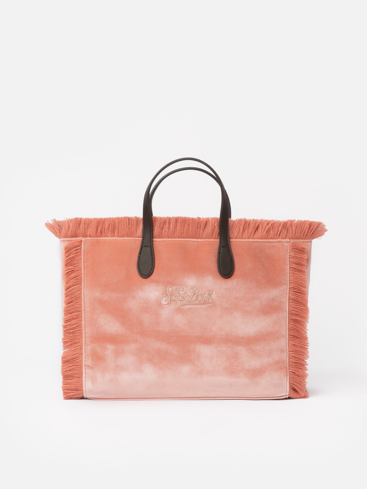 Borsa a mano Colette rosa in velluto con frange e logo in strass