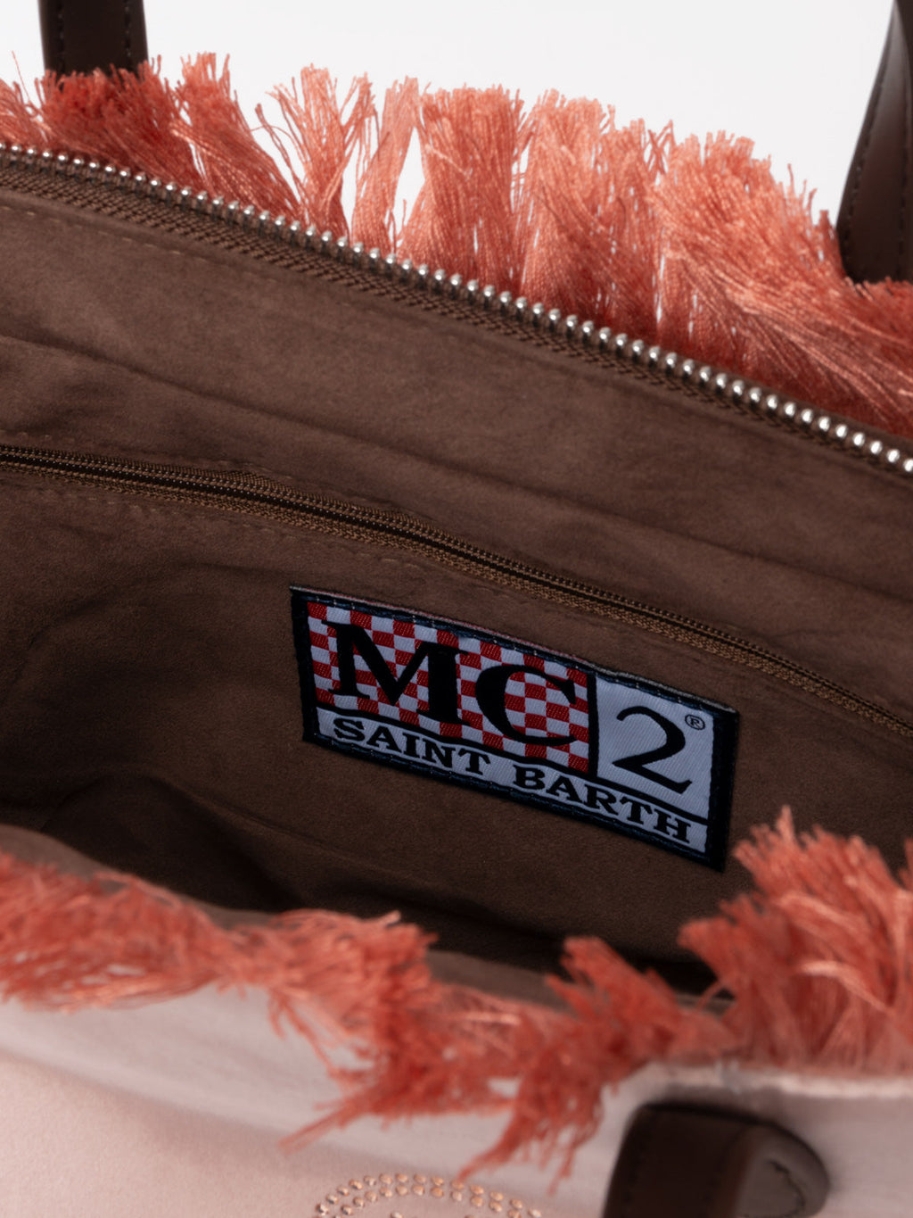 Borsa a mano Colette rosa in velluto con frange e logo in strass