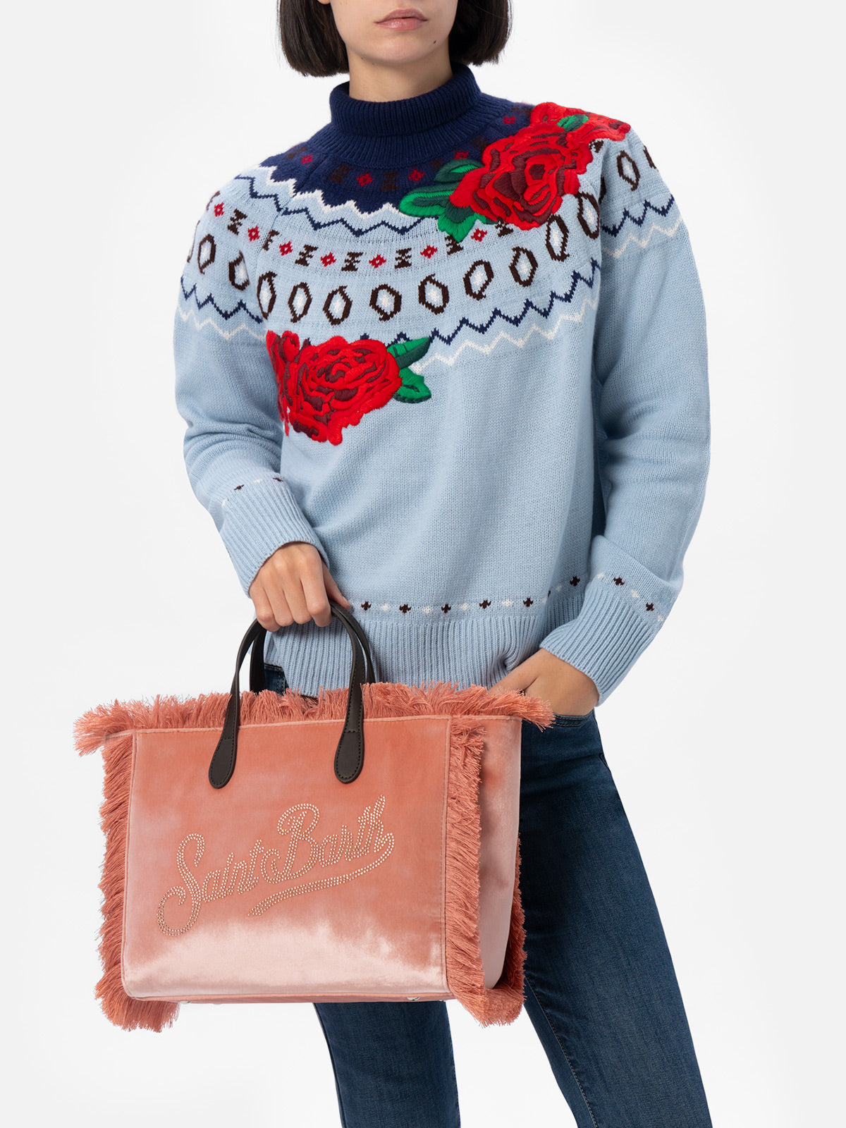 Borsa a mano Colette rosa in velluto con frange e logo in strass