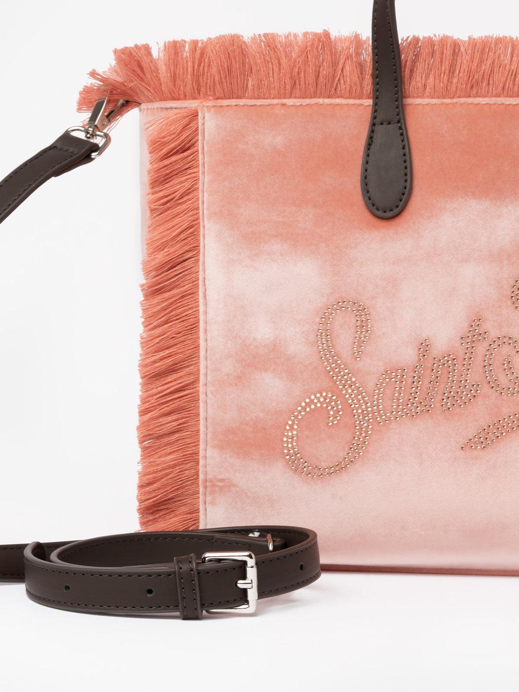 Borsa a mano Colette rosa in velluto con frange e logo in strass