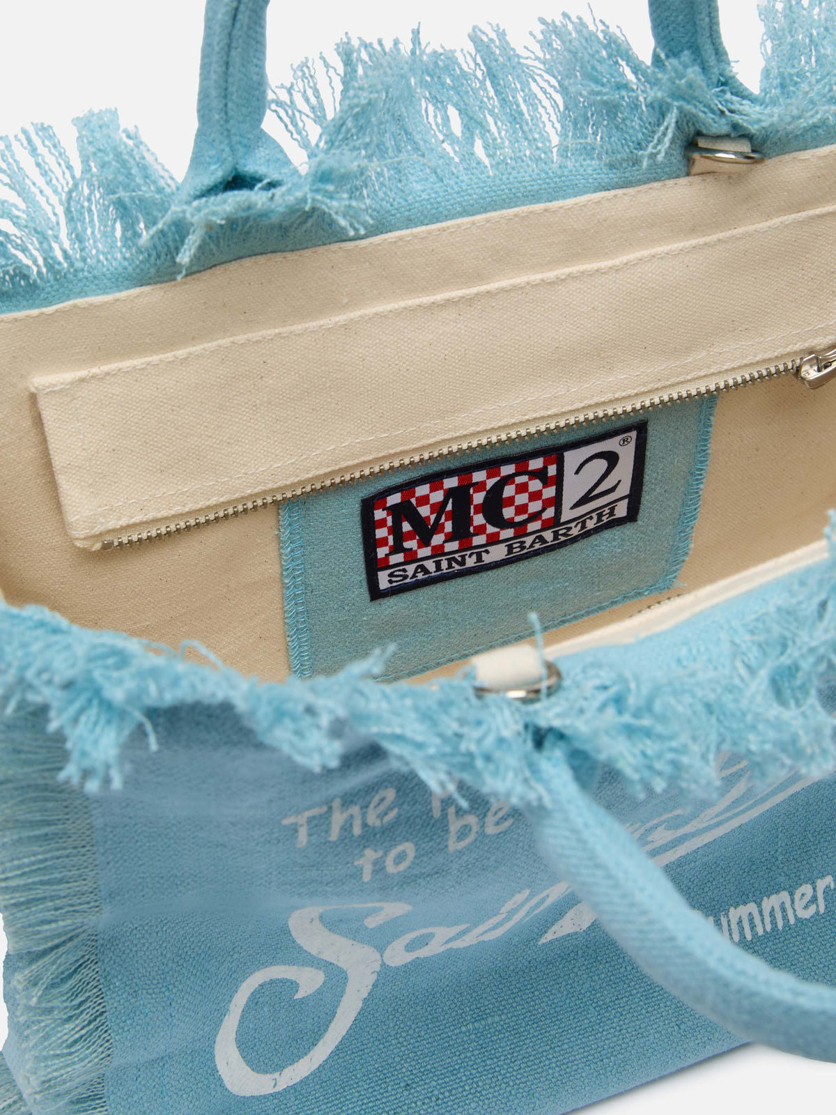 Borsa da spiaggia Colette Linen azzurra con frange
