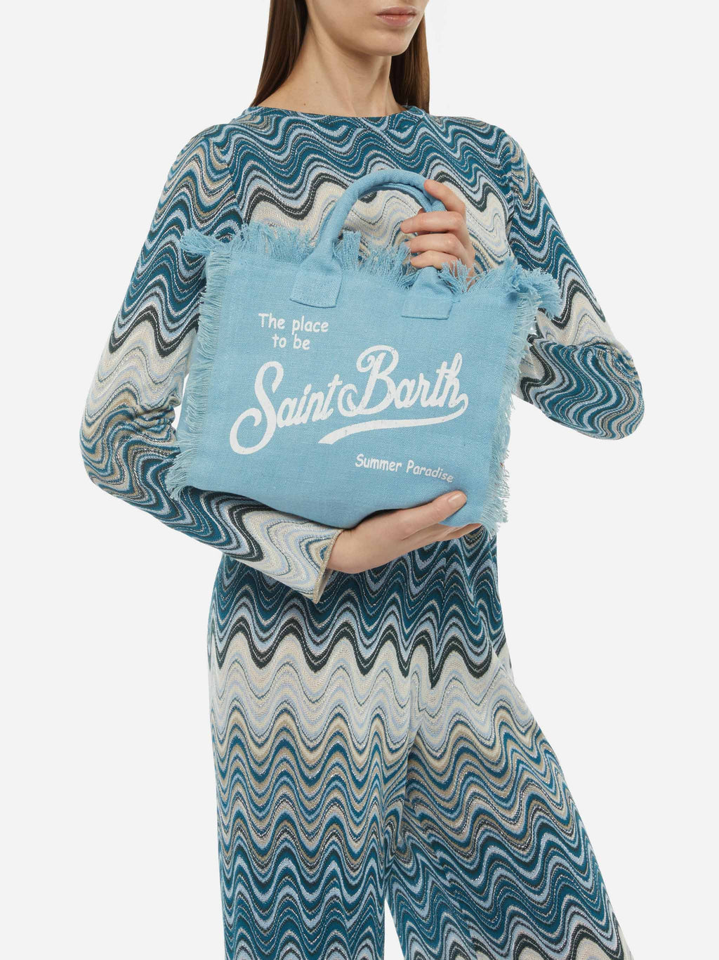 Borsa da spiaggia Colette Linen azzurra con frange