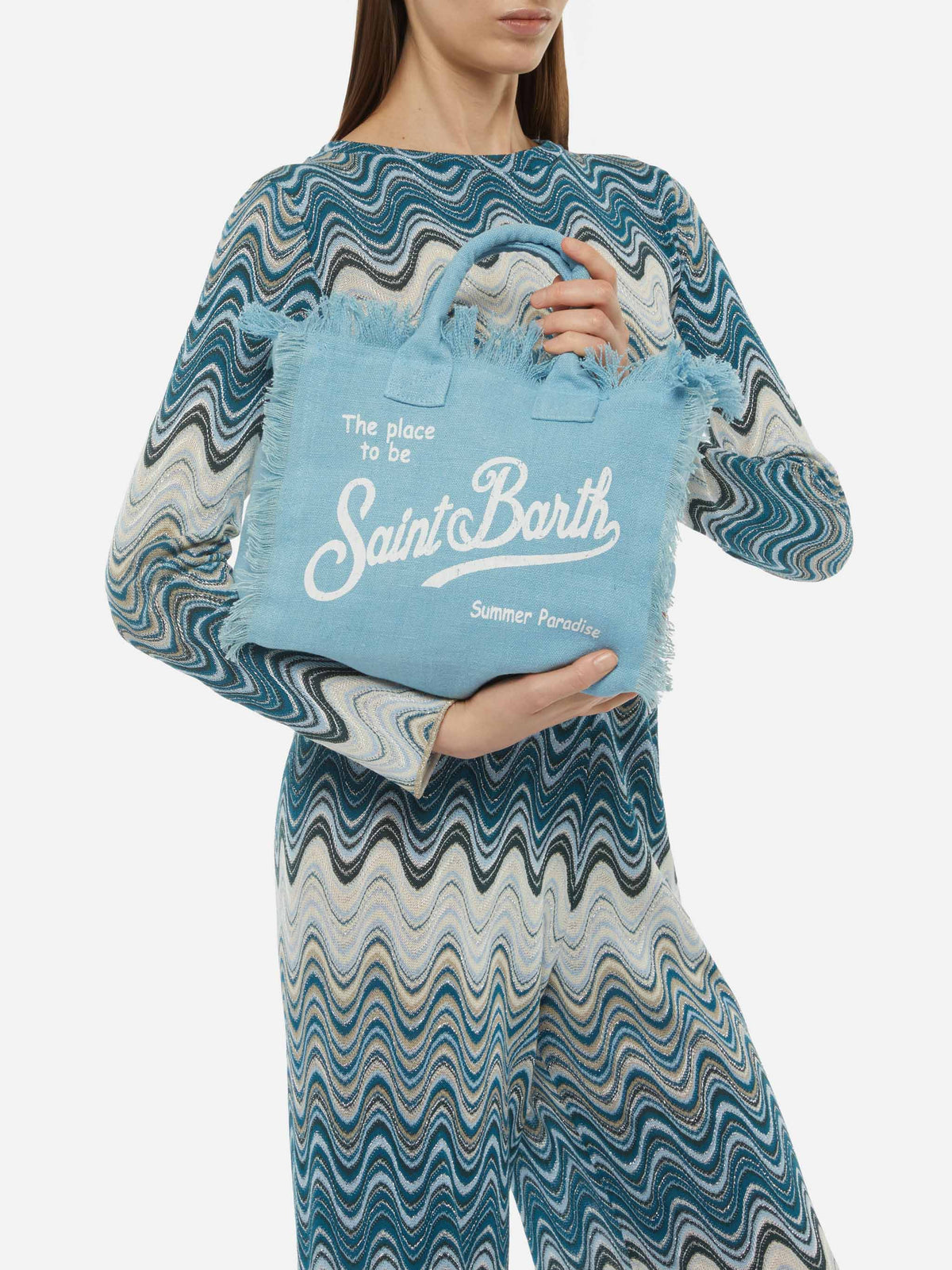 Borsa da spiaggia Colette Linen azzurra con frange