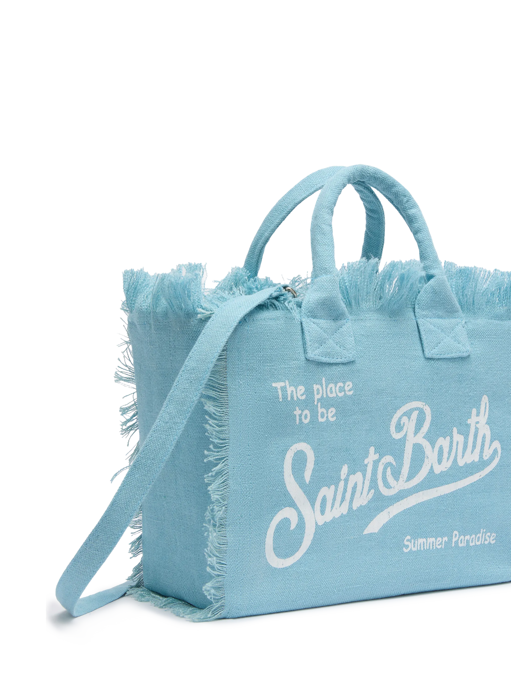 Borsa da spiaggia Colette Linen azzurra con frange
